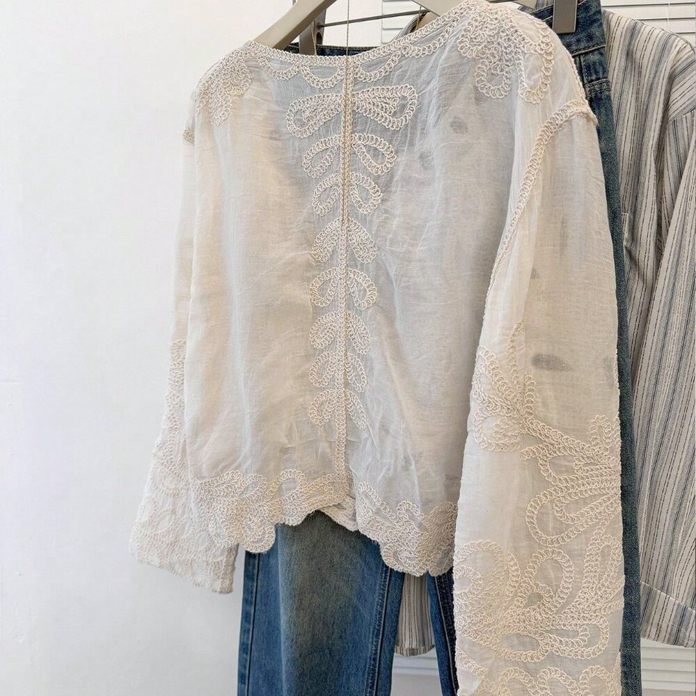 Apricot Boho Casual Women's Long Sleeve Lace Blouse - Picture 5 of 8